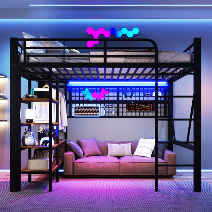 Lit mezzanine en métal 140 x 200 cm avec Éclairage LED lit denfant avec espace de rangement filet et porte-Vêtements noir