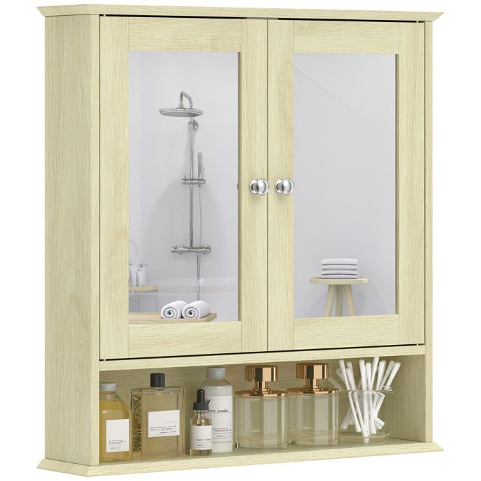 Armoire murale salle de bain avec miroir - kleankin - 2 portes avec miroir - étagère réglable - bois - mural - effet Bois Naturel