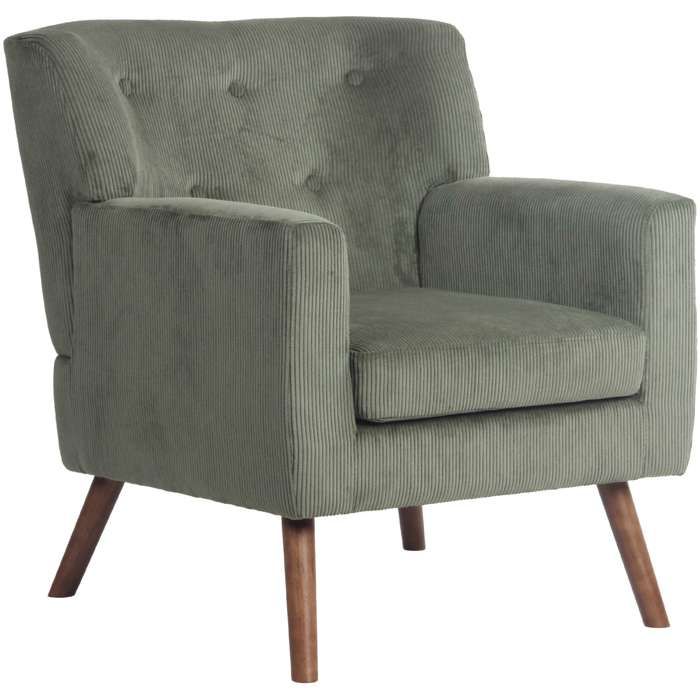 Fauteuil - DÉCOSHOP26 - 10_0008241 - Velours côtelé vert - Dossier capitonné - Pieds bois hévéa
