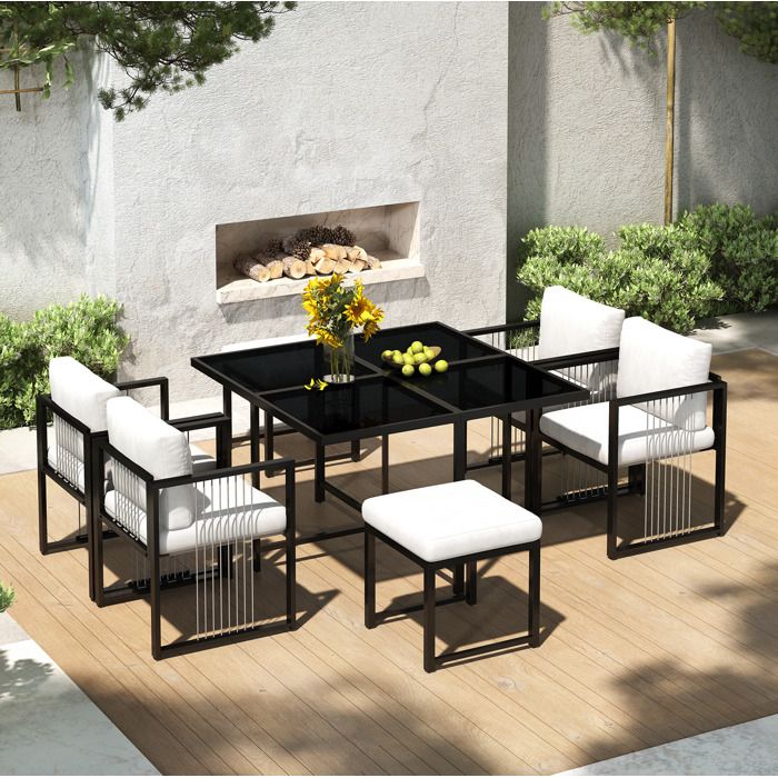 HOMVRA Ensemble table chaises de jardin 6 places avec table en verre et coussins cadre en métal noir et blanc