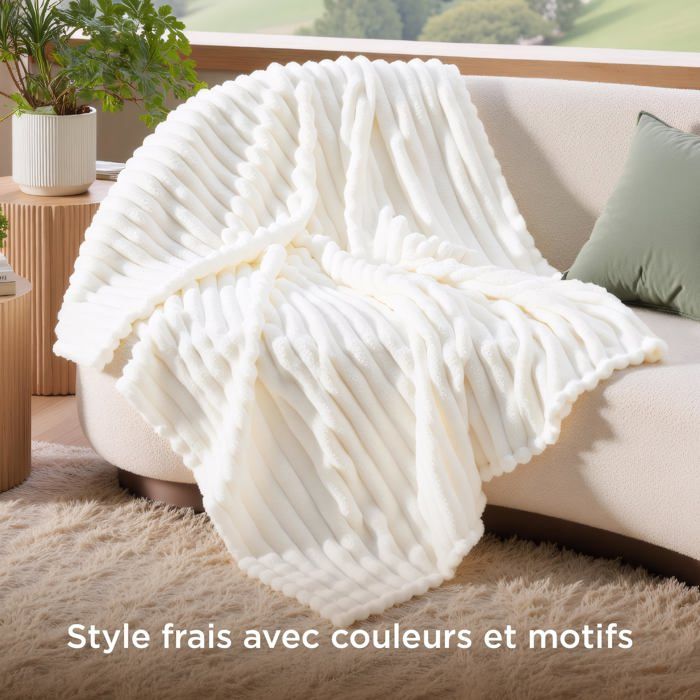 Bedsure Velours Côtelé Fleece - Plaid Chaud pour Chambre & Salon - Épais et Cocooning - Blanc Neige - 150x200cm