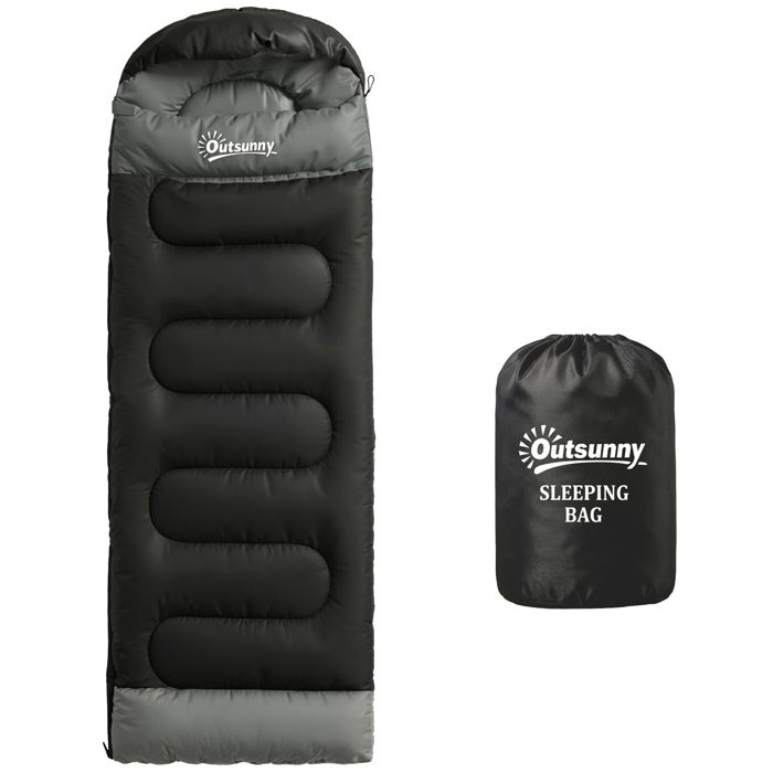 Sac de couchage - Outsunny - section tête fermeture éclair et sac de rangement - polyester coton - 215x75x10cm - noir