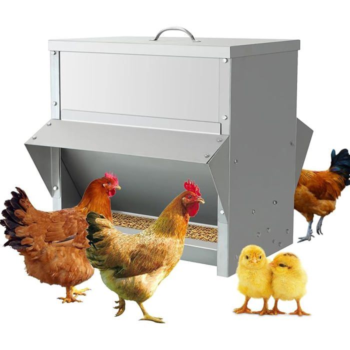 25KG Mangeoire A Poule Automatique en Acier Agrainoir Automatique Distributeur Graines Poules Anti Gaspillage Accessoire MANGEOIRE