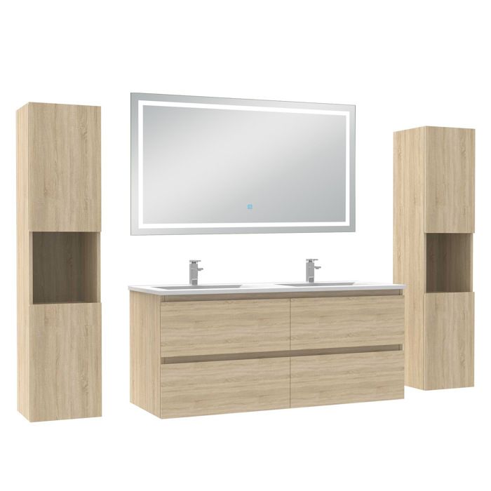 AICA Meuble de salle de bain 120 cm chêne mat avec Lavabo 2 colonnes + miroir LED 6000K dimmable