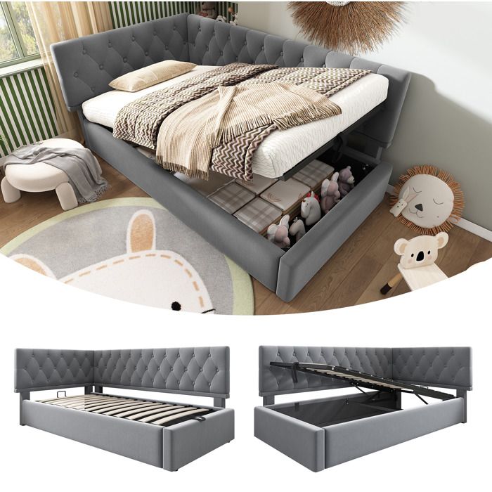 Lit simple gris 90×190 cm avec rangement hydraulique sommier inclus tête réversible sans matelas