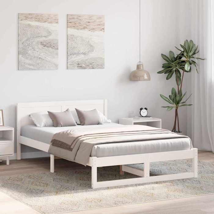 BEAU Cadre de lit bois - Lit 2 personnes - SARAZYJ - Meuble de chambre - avec tête de lit Blanc 140 x 190cm Pin massif -