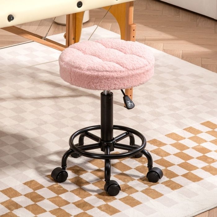 Tabouret de Bureau Réglable en Hauteur et Pivotant 360° - YEAVIO - avec Roulettes Assise Rembourrée en Polyester Rose