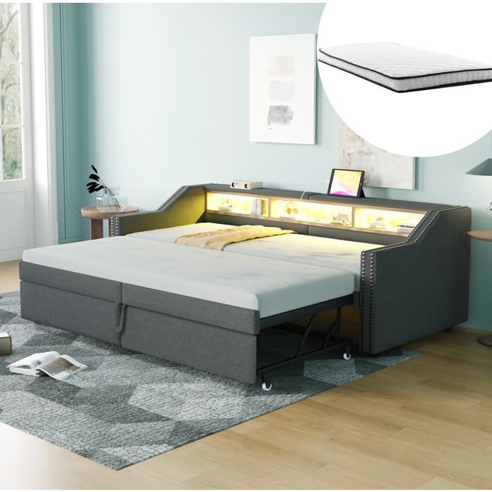 Lit gigogne rembourré EVRYAE 90/180 x 200 cm LED USB rangements 2 matelas ressorts gris foncé