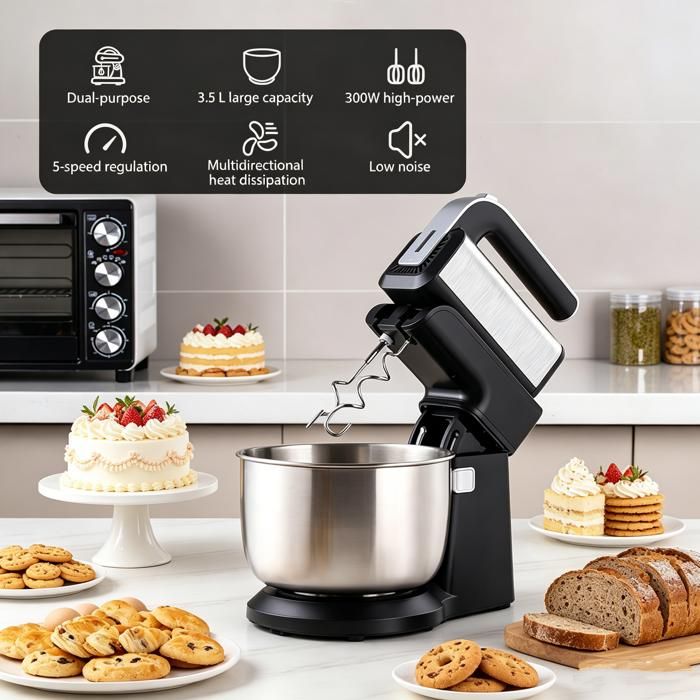 Robot pâtissier 3-en-1- 300W Pétrin - 5 Vitesses - Bol