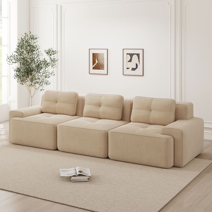 Canapé modulable 3 places beige velours côtelé sans montage assise 74 cm