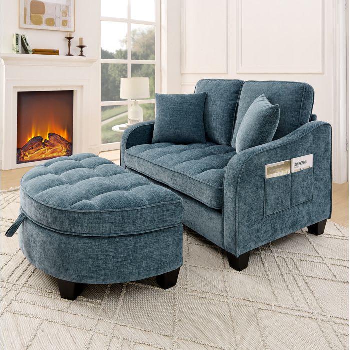 HOMVRA Canapé Convertible 2 places 2 en 1 - 132×129×93 cm - Avec pouf de rangement et poches latérales - Chenille bleu