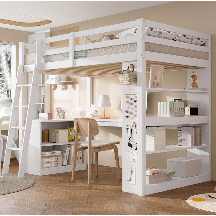 Lit mezzanine enfant 90 × 200 cm avec étagères bureau d’angle et panneau en feutre sans matelas blanc - UVRION