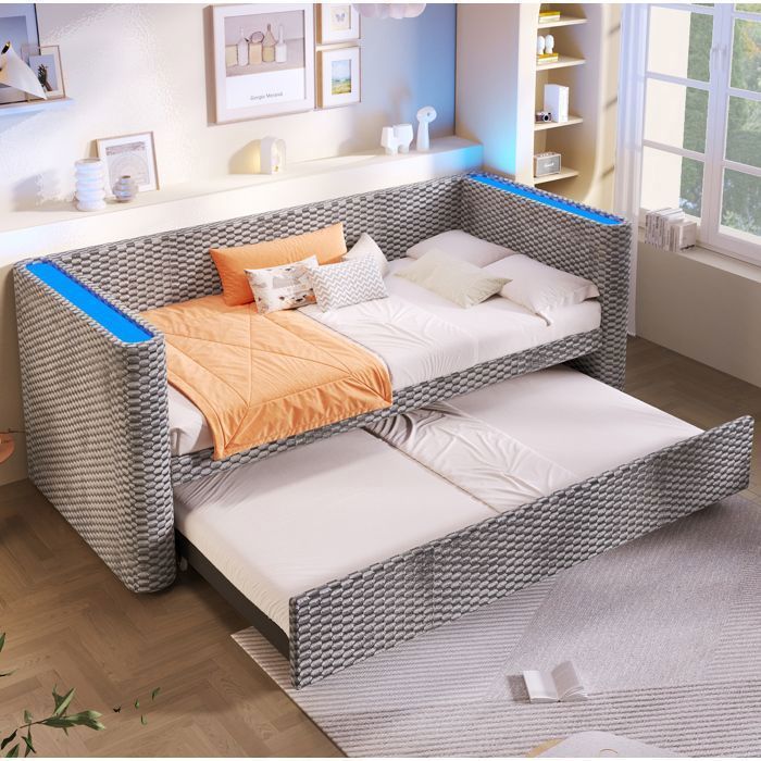 SENVIRO Canape lit de jour en velours gris avec lit gigogne releveable et eclairage LED 90 x 200 cm
