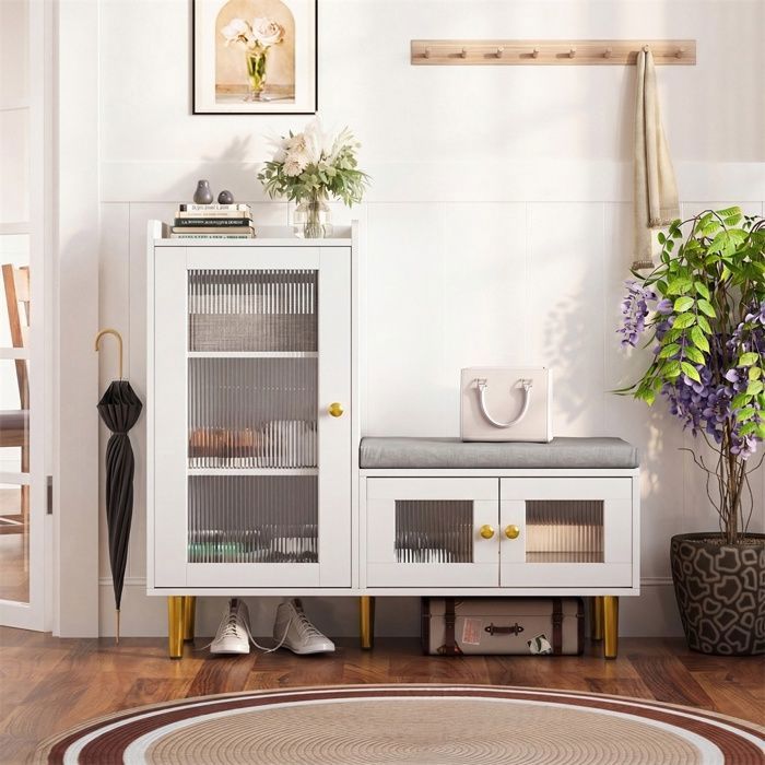 Meuble à chaussures dentrée avec banc rembourré - Meuble à chaussures multifonctionnelle à portes en verre - Blanc