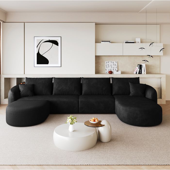 Canapé d’angle U compressé 336 cm noir en tissu modulable 6 places sans montage