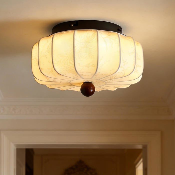 Lanterne Luminaire Plafonnier Ronde Wabi-Sabi Blanche Abat-Jour En Tissu Φ30Cm Plafonnier Lampe De Salon Imprimée Boho Beige[AT365]