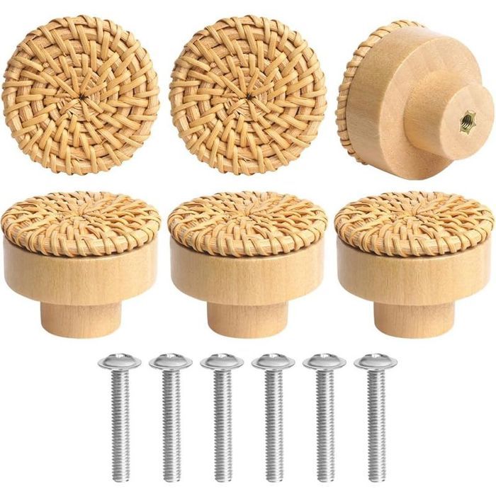 6pcs Boutons de Meuble en Rotin Bois Poignée Meuble Boutons de Portes pour Placards 40 mm Poignet de Tiroir Armoires de Cuisine