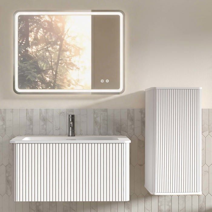 Meuble de salle de bain - Ensemble mural 60 cm - Vasque 60 cm - Miroir LED antibuée - Rainures verticales
