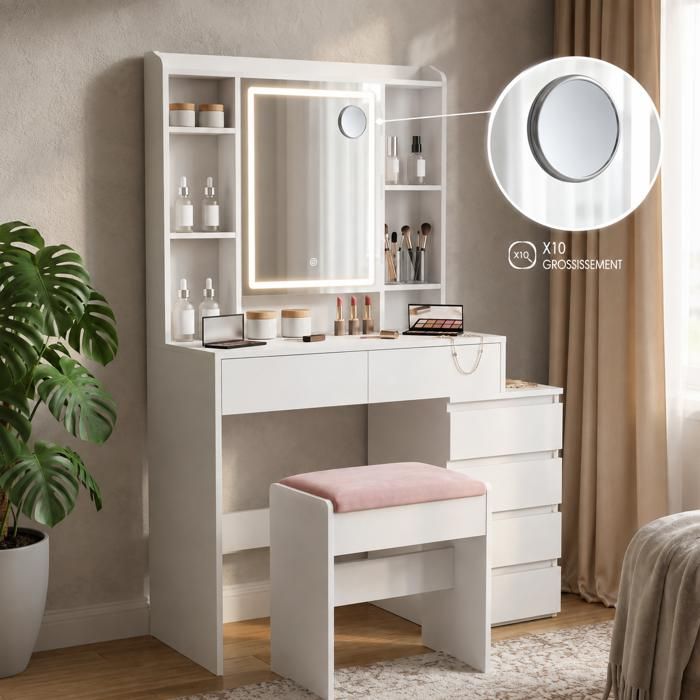 Coiffeuse avec miroir LED et loupe 10x tabouret 3 luminosités réglables tiroirs et compartiments ouverts blanc