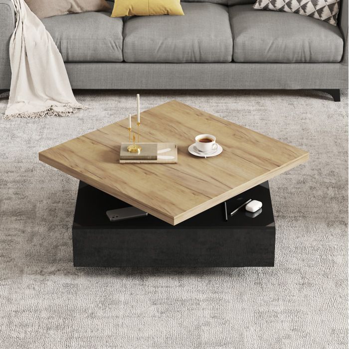 Table basse carrée AESVAR à plateau pivotant 360° avec tiroir 70 x 70 x 36 cm noyer et noir brillant