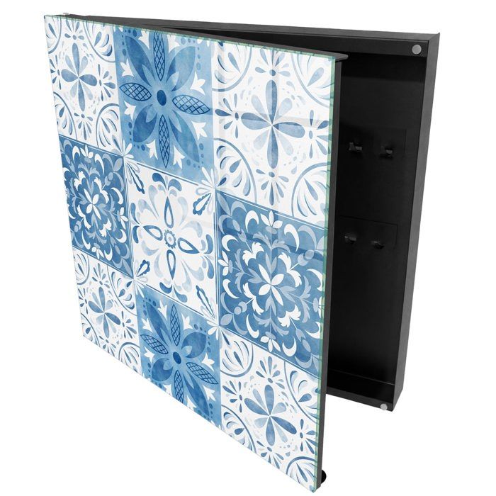 Armoire à clés decorative 30x30x5 Sérigraphiée Noir Carreaux géométriques Souvre vers la gauche Tulup