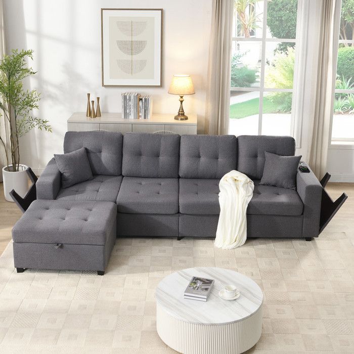 Canapé d’angle modulable avec pouf de rangement - Canapé modulable en L - Pouf librement positionnable avec rangement