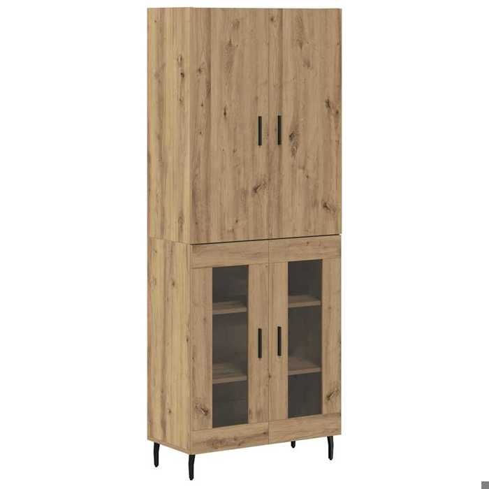 Haut Armoire 2 Pc Bois Ancien 695 x 34 x 180 cm avec porte vitrée pour exposer la vaisselle et 4 portes FR295013