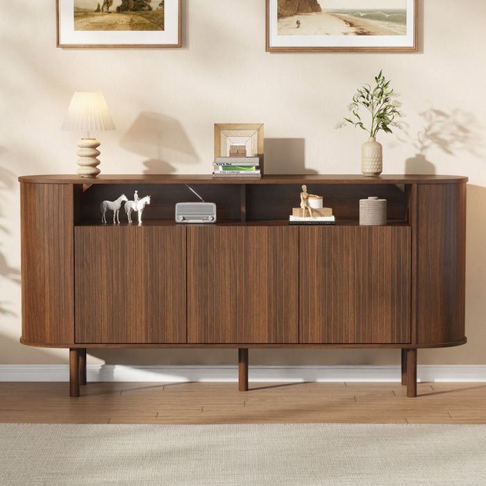 Buffet 160x40x785 cm avec 3 portes ondulées et espace ouvert pieds en bois massif charge 75 kg pour salon entrée noyer