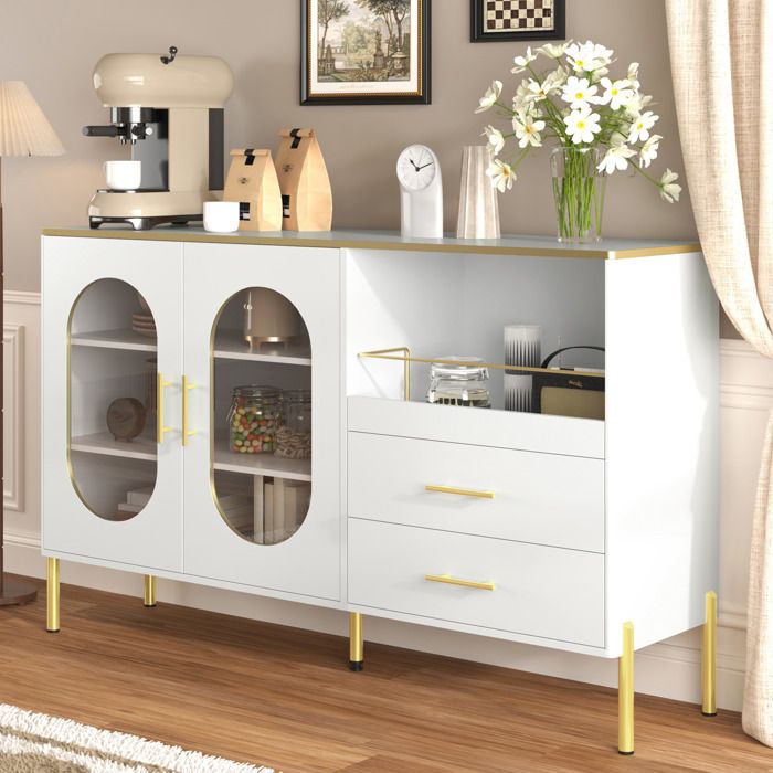Buffet bas AESVAR blanc et doré 140 x 38 x 90 cm 2 tiroirs et 2 portes vitrées en MDF