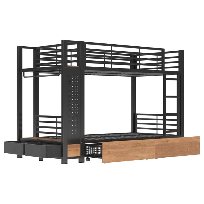 Lit superposé 90x200 cm en métal - Éclairage LED 4 tiroirs penderie et étagères intégrées - Certifié EN747 - Noir