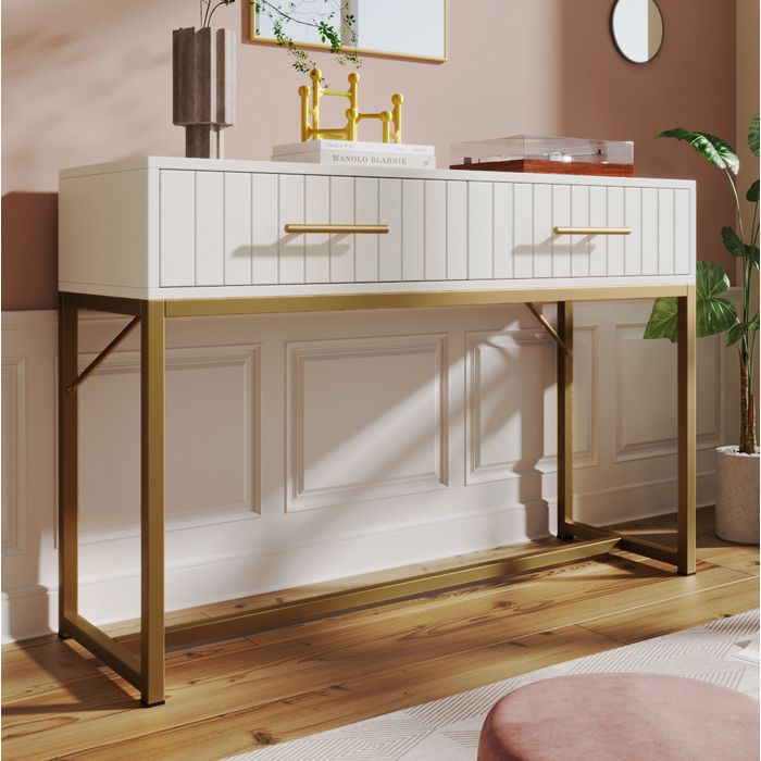 Coiffeuse blanche 2 tiroirs 100 cm avec structure métal et poignées dorées meuble de chambre moderne VEVXYN