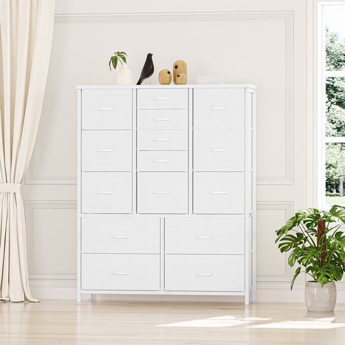 Commode 15 Tiroirs en Tissu – Structure Métal Robuste & Plateau Bois – Chambre Entrée Couloir Salon– Poignées Faciles à Tirer. Blanc