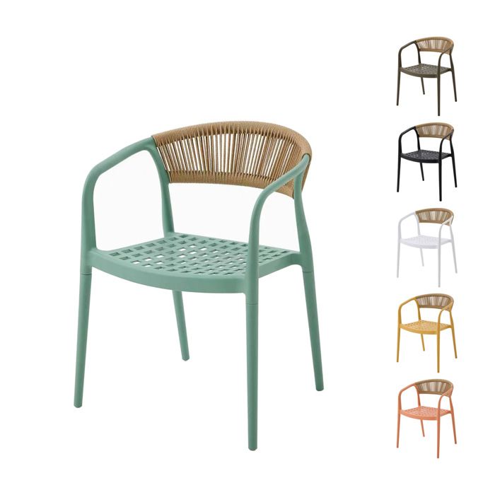 Chaise de jardin Solaro PP résistant aux UV & dossier en corde tressée main Vert 1 Chaise