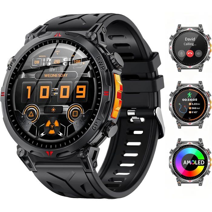 Montre Connectée Homme GPS Intégré Boussole Altimètre Baromètre 1.6AMOLED Montre Connectée avec Appels Bluetooth Suivi Santé