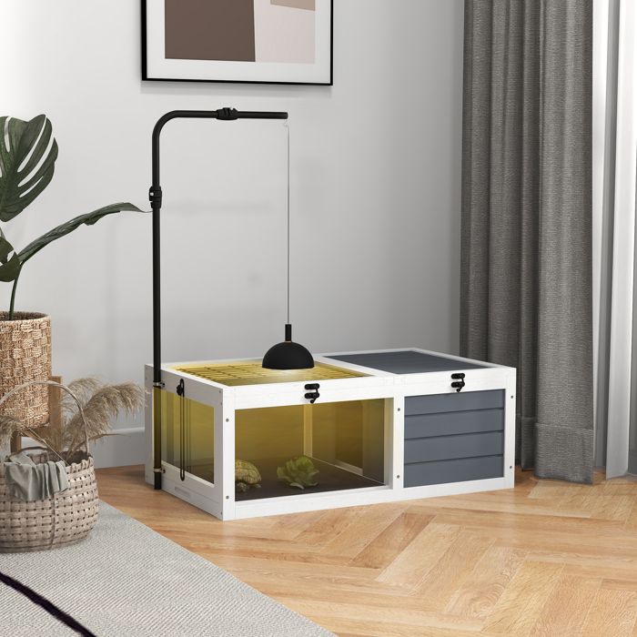 Table pour tortues gris support lampe réglable couvercles ouvrants et tiroirs extractibles