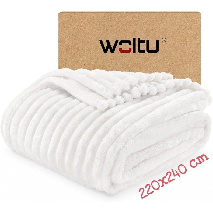 Plaid polaire en flanelle côtelée - WOLTU - 220x240 cm - Blanc - 350 g/m² - Moelleux - Léger - Couverture pour 4 Saisons