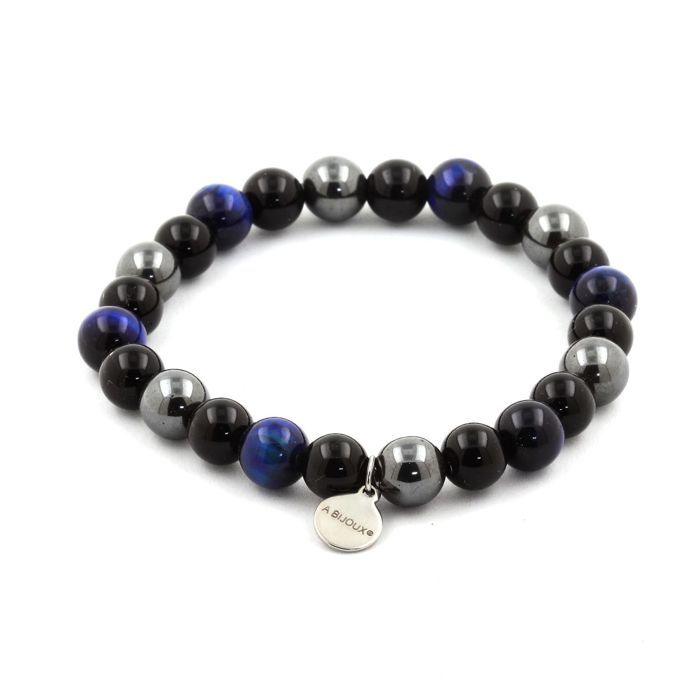 Pierres et Minéraux. Bracelet Perles Oeil de Tigre bleu + Hématite + Agate noire 8 mm. Fabriqué en France. Pierres et Minéraux. Bracelet Perles Oeil de Tigre bleu + Hématite + Agate noire 8 mm. Fabriqué en France.