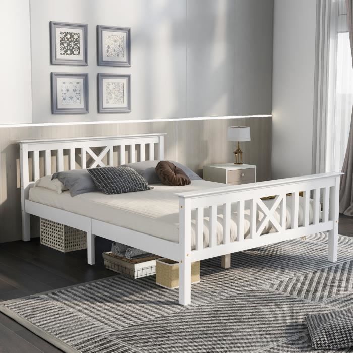 lit double en bois- lit avec sommier à lattes-pour enfant ou d'ado-140 x 200 cm-blanc