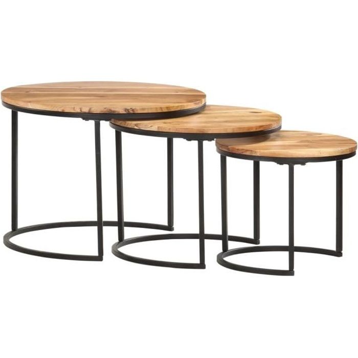 tables gigognes - ring - bois d'acacia massif - hauteur 40 cm - marron - salon - rond