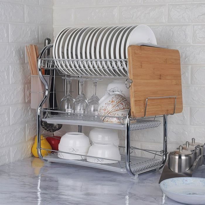 Egoutoire Vaisselle,Egoutoire Vaisselle Cuisine à 2 Niveaux en INOX avec  Porte-ustensiles et bac d'égouttement. (42×30×29 cm) Noir - Cdiscount Maison