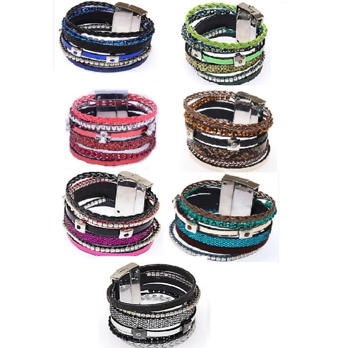Bracelet femme cuir noir et imprimé effet dentelle argenté fermoir