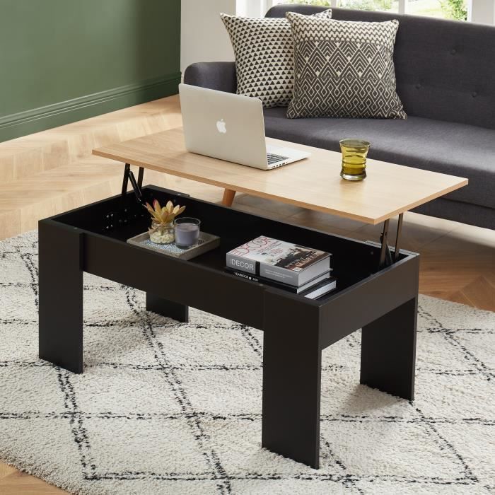 Table Basse avec Plateau Relevable en Pin Compartiment Caché Table de Salon Noir 