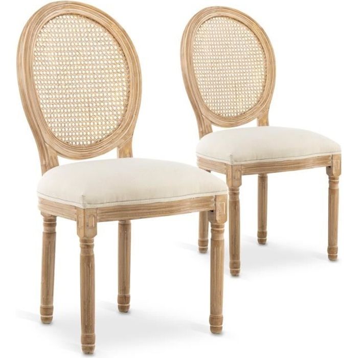 chaises médaillon louis xvi cannage rotin tissu beige - lot de 2 - style classique - intemporel