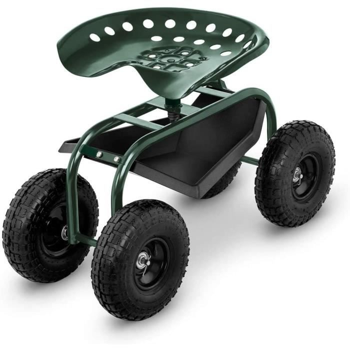 Tabouret De Jardin Roulant QWORK - Siège Pivotant 360° Réglable En Hauteur - Rouge - Pratique Pour Jardinage Et Bricolage
