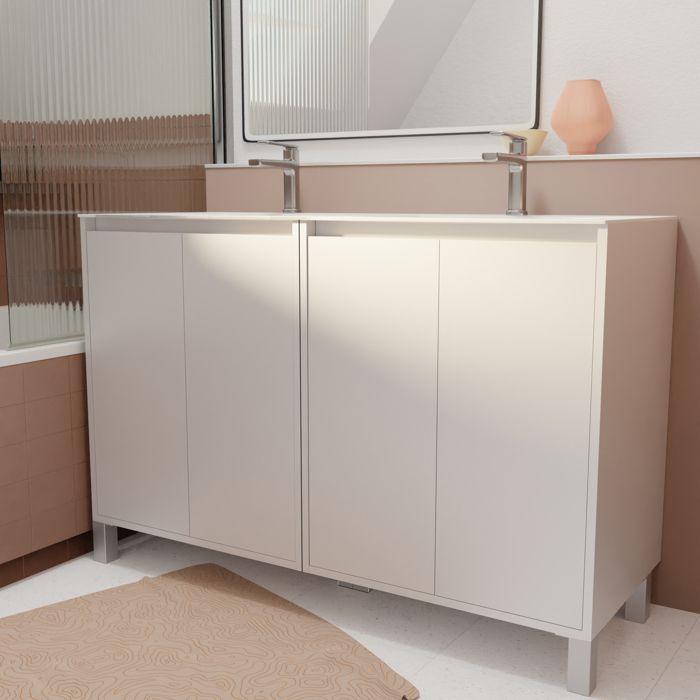 Pack Meuble Salle de Bains 120 cm Laqué Blanc 4 portes avec Vasque Céramique - XENOS