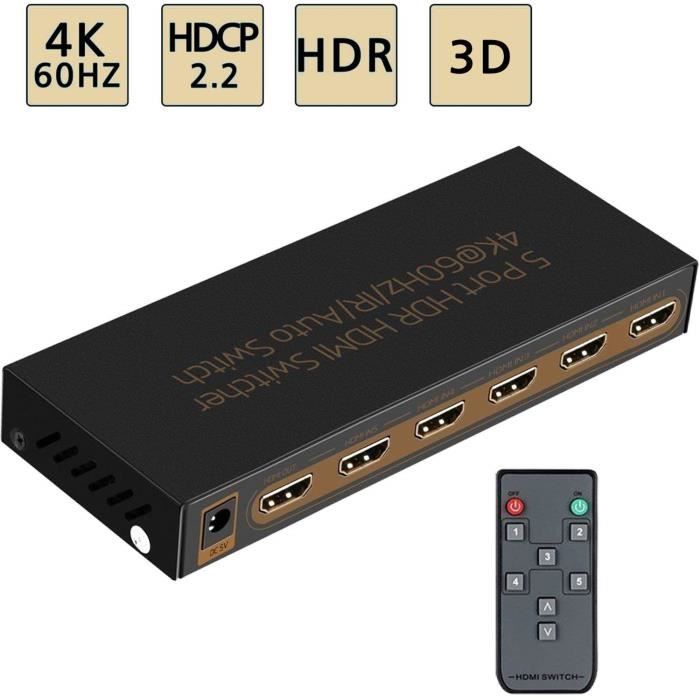 HDMI Switch 4K 60Hz 5 Entrées 1 Sortie Commutateur HDMI 3D HDR CEC avec  Télécommande IR