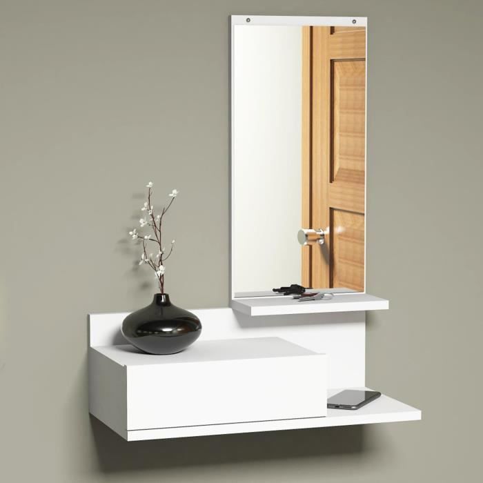 Étagère murale Gundsø pour entrée avec tiroir et miroir blanc