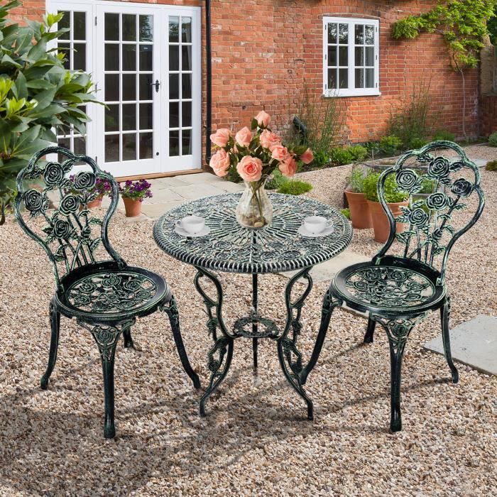 giantex ensemble table et 2 chaises de jardin en fonte+aluminium,meuble de jardin extérieur,table avec trou de parasol,style