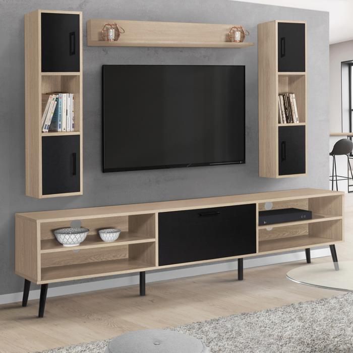 ID MARKET ensemble meuble tv HOUSTON 5 portes et 1 tiroir 180 cm bois clair avec étagères murales ID MARKET ensemble meuble tv HOUSTON 5 portes et 1 tiroir 180 cm bois clair avec étagères murales