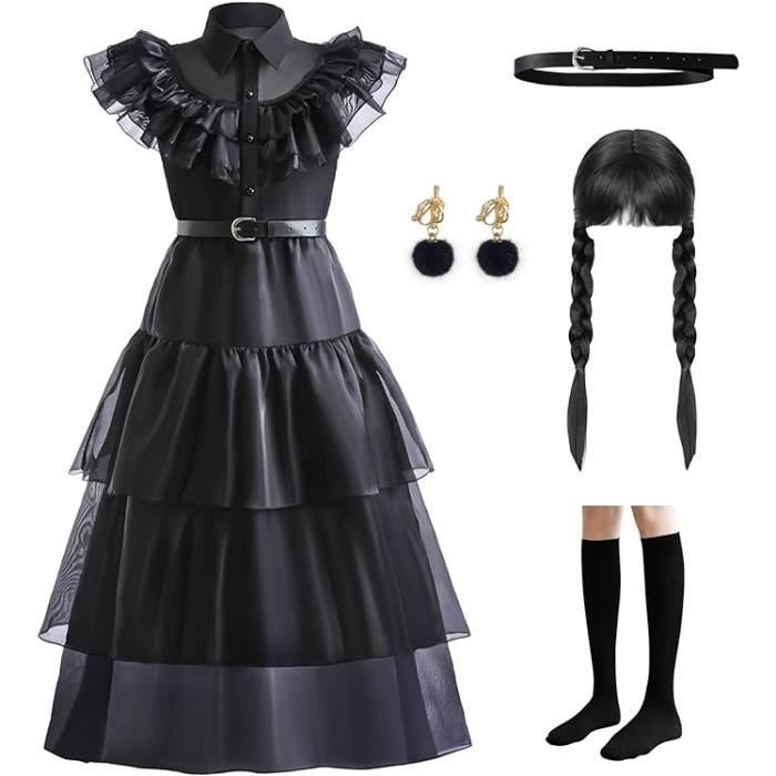 Déguisement Mercredi Addams fille cosplay Costume Famille Addams robe avec  perruques et boucles d'oreilles Halloween